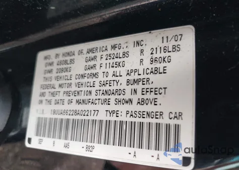 2008 Acura Tl 3.2 from USA, damaged, VIN 19UUA66228A022177